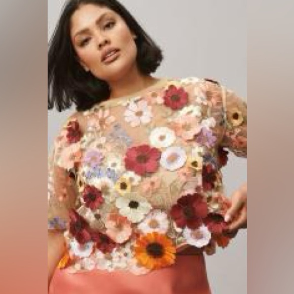 Anthropologie Floral Appliqué Sheer Top in Beige with Multicolor Flowers
